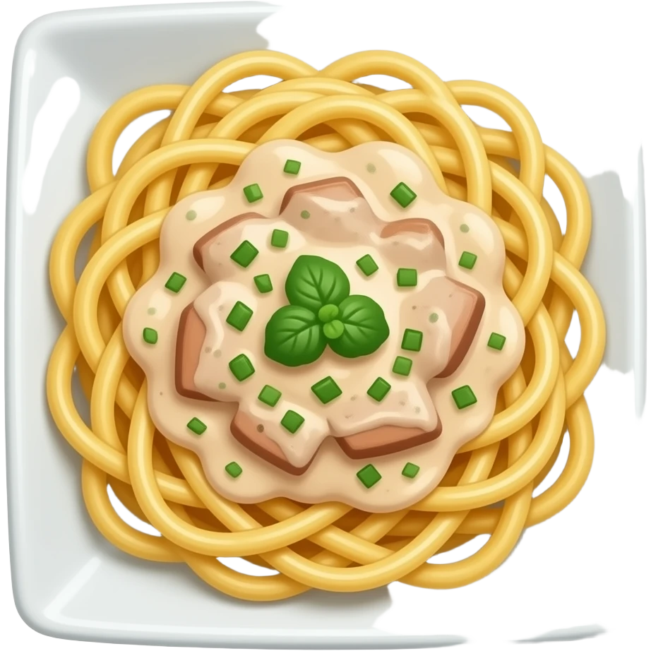 широкая лапша на тарелке квадратной с мясом в сливочном соусе emoji