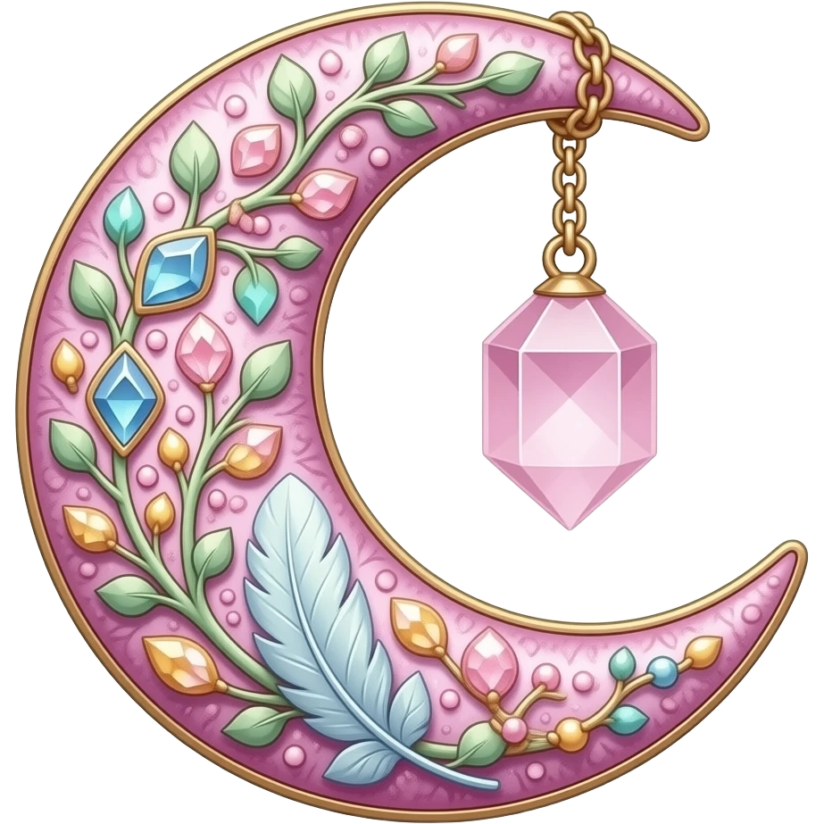 Rosy shiny glossy sparkly romantic pastel crescent damask moon with rose quartz pastel vines pastel gems pastel beads with feathers and chains suncatcher-dreamcatcher emoji
