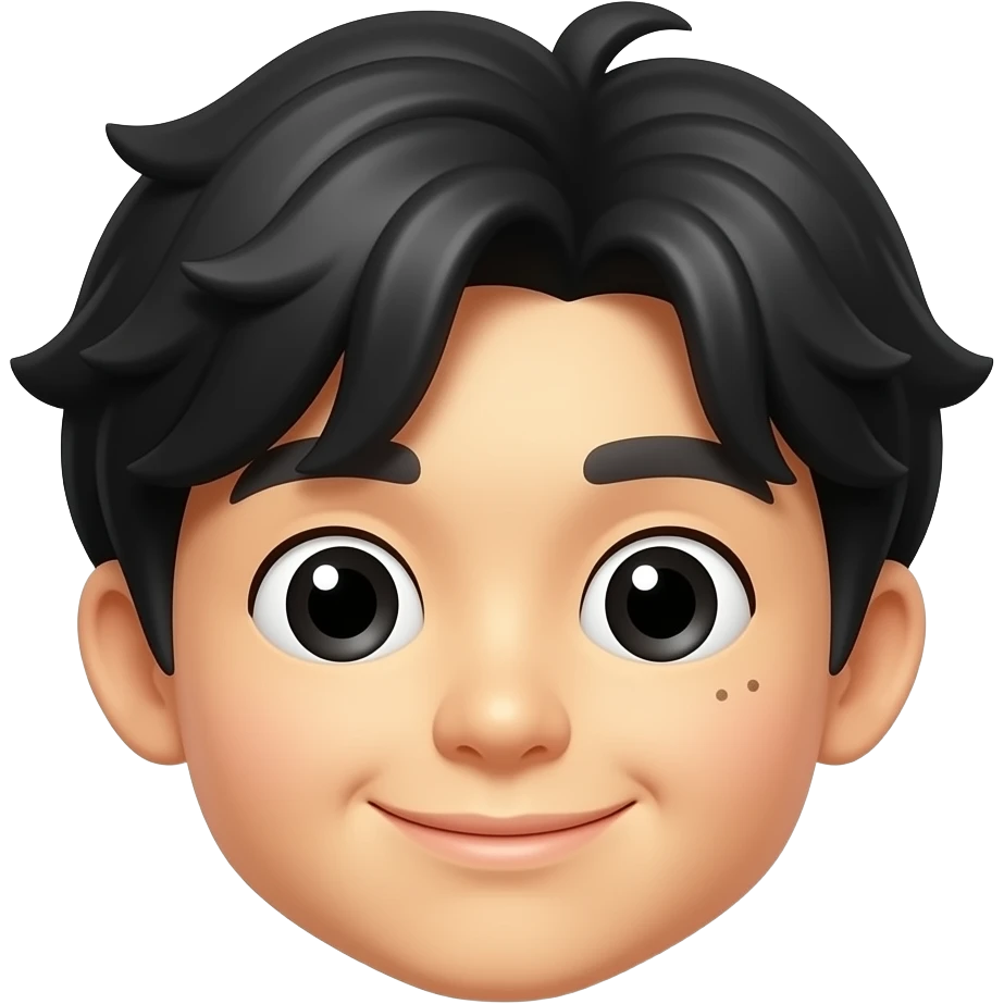 🤩 yellow emoji face styled like the classic star-eyes emoji, Korean boy features, black fluffy wavy bangs, small mole under right eye, high nose, soft lips, playful smile, glossy 3D Pixar-style render, face only, white background emoji