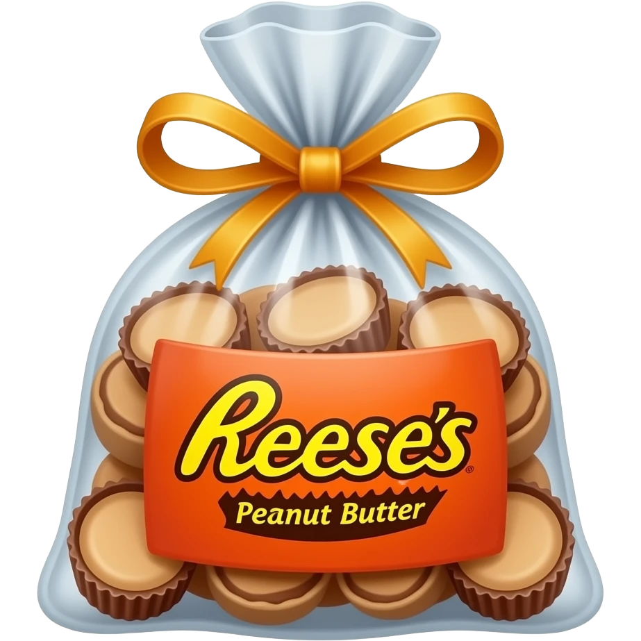 Treat bag with Reese’s in it with a bow emoji | AI Emoji Generator