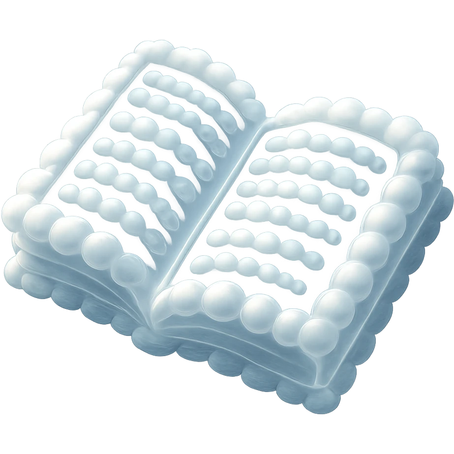 top view of a thick open book made entirely of small, very bright white fluffy convex clouds, matte glass style emoji