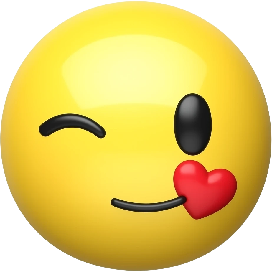 A cute glossy yellow 3D emoji face with a wink and a small kiss mouth, red heart on the right cheek, simple clean icon, white background emoji