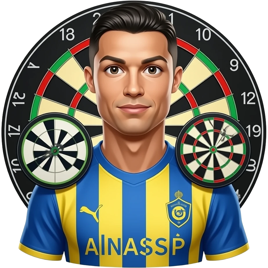 Cristiano Ronaldo, same Al Nassr jersey, front-facing 3D emoji style, three 🎯 targets partially hidden around shoulders and jersey folds, colorful puzzle vibe, no text. emoji