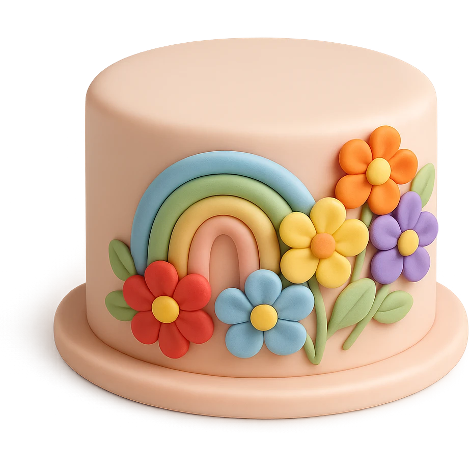 round fondant cake with rainbow flowers emoji