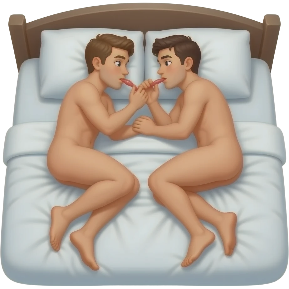 2 mans naked making sex bed Lying down pênis eating. emoji