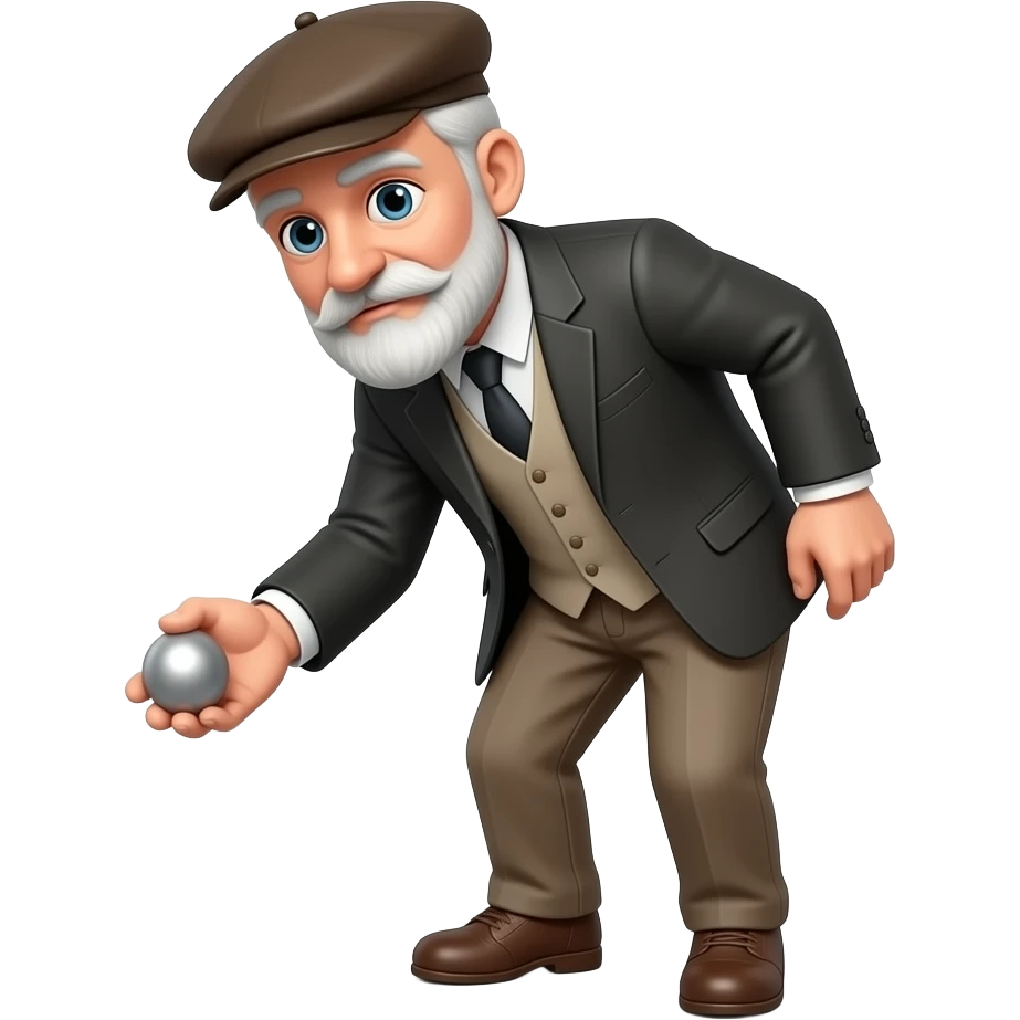 Older french man in beret playing the french game of petanques no mustache. silver ball in his hand or boules emoji