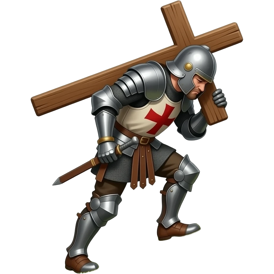 A crusader solider carrying a cross up a hill. Looking very struggled and bent over. Have the cross over his shoulder carrying it emoji