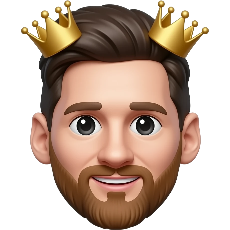 Messi-inspired 3D emoji, same natural face, 2 small gold crowns near the hair, face uncovered. emoji