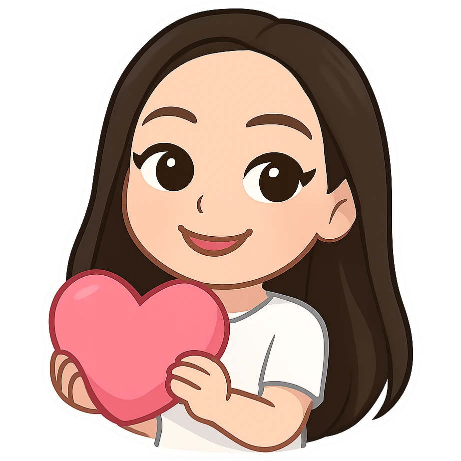 Create a chibi sticker of the girl from the reference image with long hair as shown. She is holding a pink heart and smiling, in 3D bitmoji chibi style with a white outline and transparent background. emoji