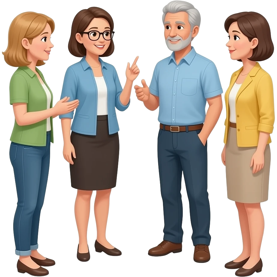 grupo de 4 adultos mujeres y hombres de edad de 40 a 65 años conversando en ronda emoji