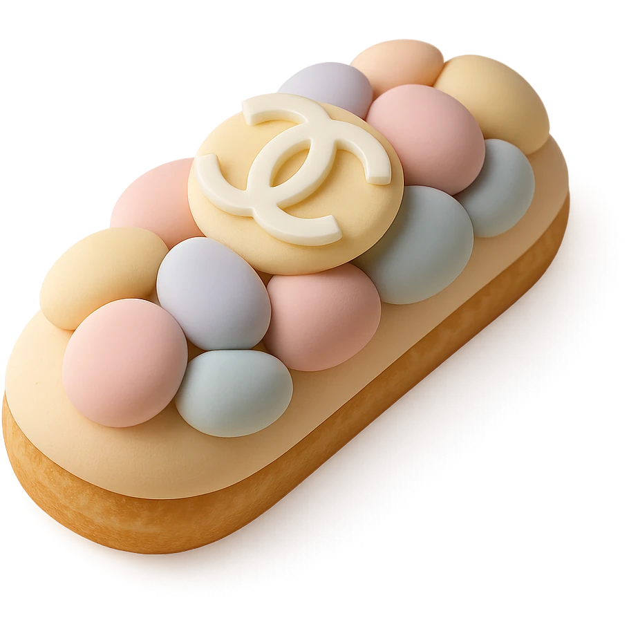 pastel Chanel eclair, decorated with a white chocolate logo emoji