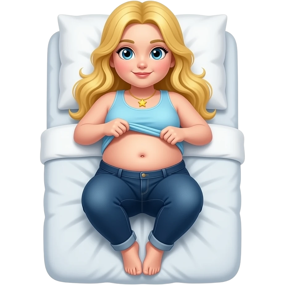 Chubby white girl blue eyes yellow long hair light blue tank top yellow star necklace dark blue plain jeans showing her feet lifting her tank top up to show chubby belly button laying down on her pillow in bed to show feet emoji