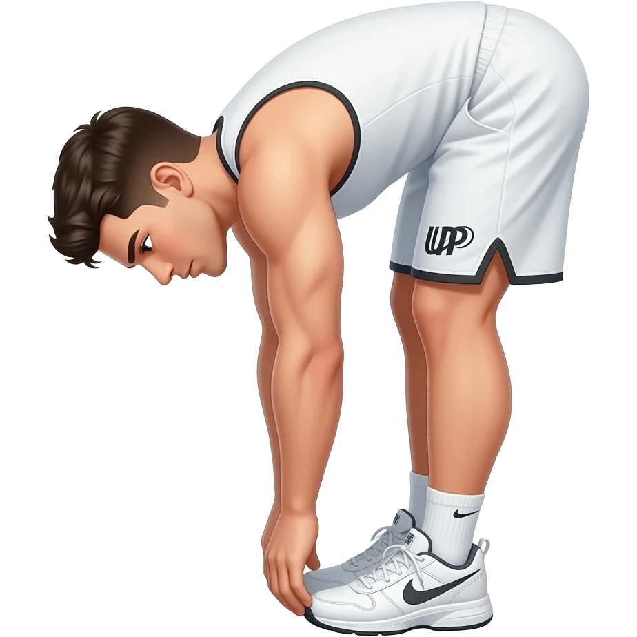guy-in--white shorts --white-tank top-and-shorts-standing-up,-bending-down-to-touching-toes-(stretching-down-by-touching his toes while both feet are together-not-split-apart-with "UPP"_-written-on-his-shorts in black. white gym shoes emoji