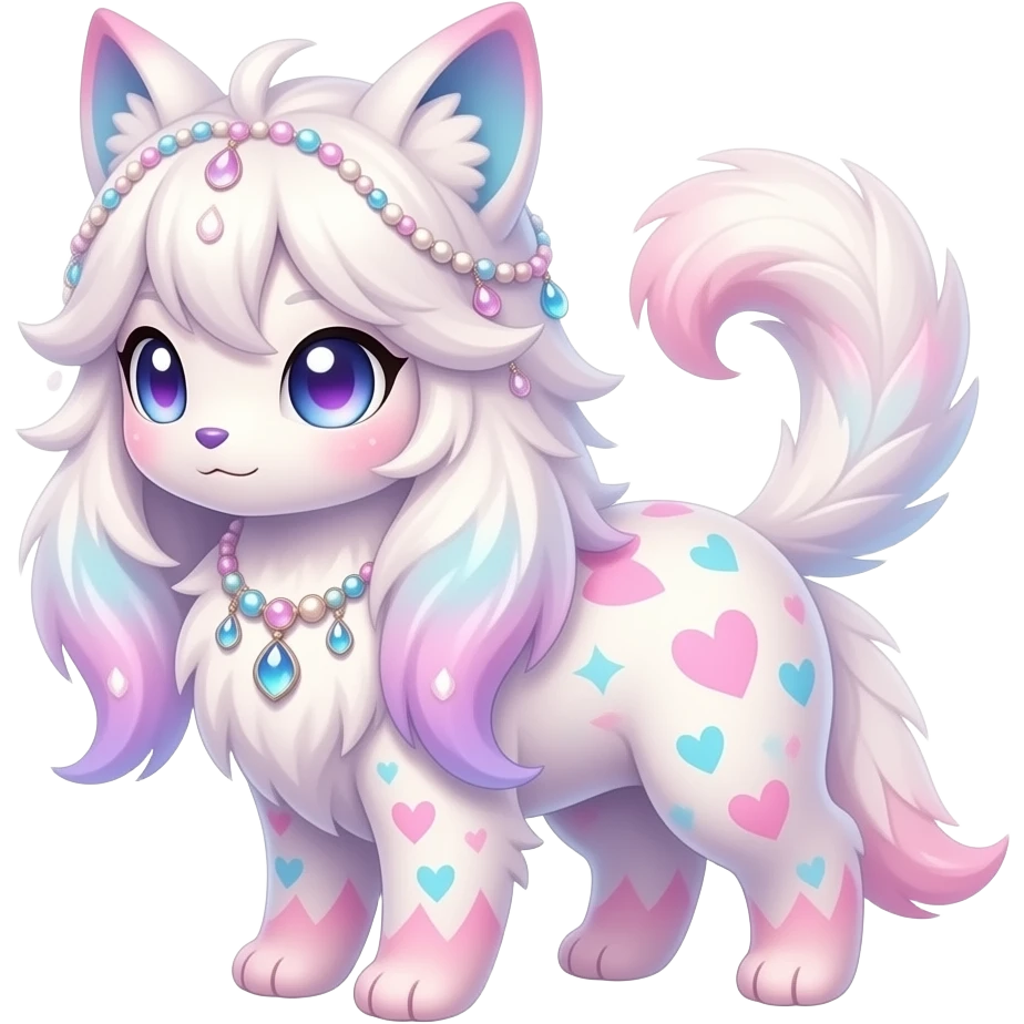 Fuzzy feathery long-haired beaded mane cozy rosy aesthetic Rosy beautiful gorgeous pretty Petite shiny glossy sparkly romantic pastel damask Absol-Sylveon-Amaura-Aurorus-Espeon-Fakemon-hybrid with heart sparkle patterns emoji