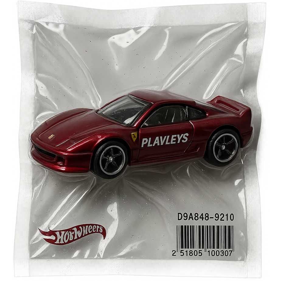 burgundy Hot Wheels Ferrari toy car with 'PLAVLEYS' lettering on the body, shiny and inflated, vacuum-sealed style emoji