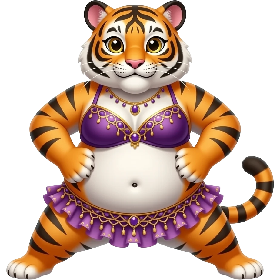A chubby female tiger cub belly dancer,after a hefty brunch meal she is full & fat,Starting off with a stretch routine,she sticks out her plump tummy as far forward and downward as possible she can,then plays a slapping sound game on her fat tummy like drum solo,her bellybutton is poking out. emoji