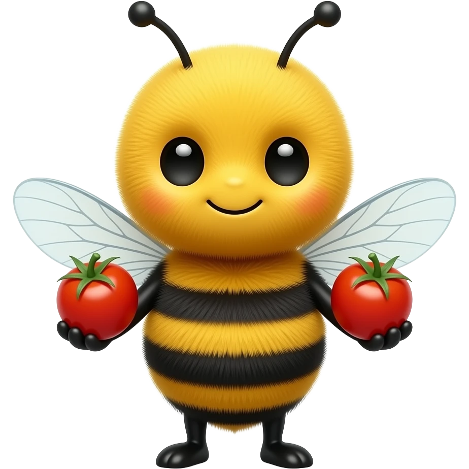 A cute bumblebee character holding a cherry tomato in each hand emoji