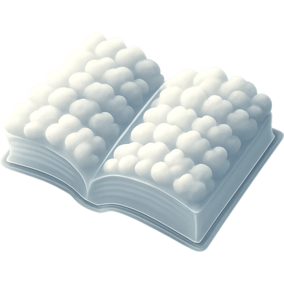 top view of a thick open book made entirely of small, very bright white fluffy convex clouds, matte glass style emoji