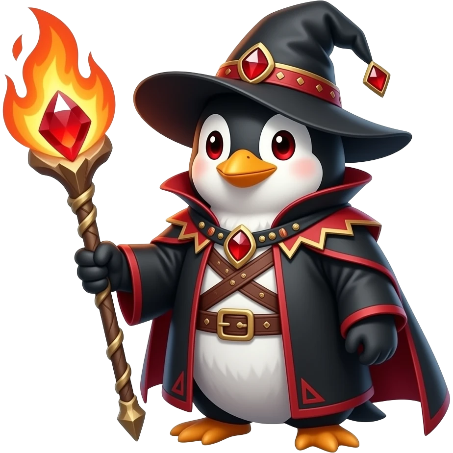 penguin fire wizard, fire elements red eyes, staff with firey red gem, black and red outfit emoji