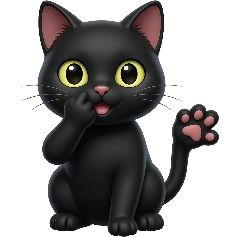 Like A black cat closing her mouth with one paw and with other pointing like the out of screen emoji