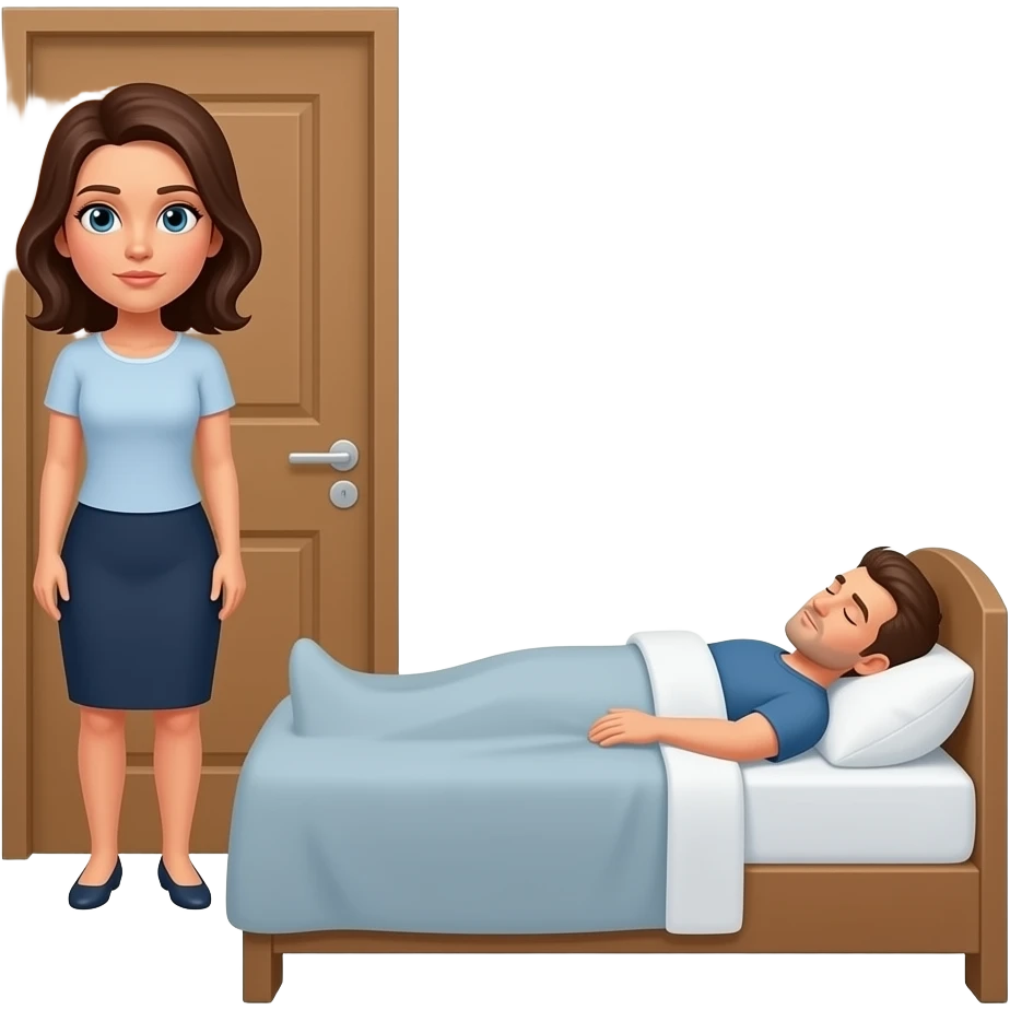 woman serious expressoion  by room door looking at husband sleeping in bed, emoji