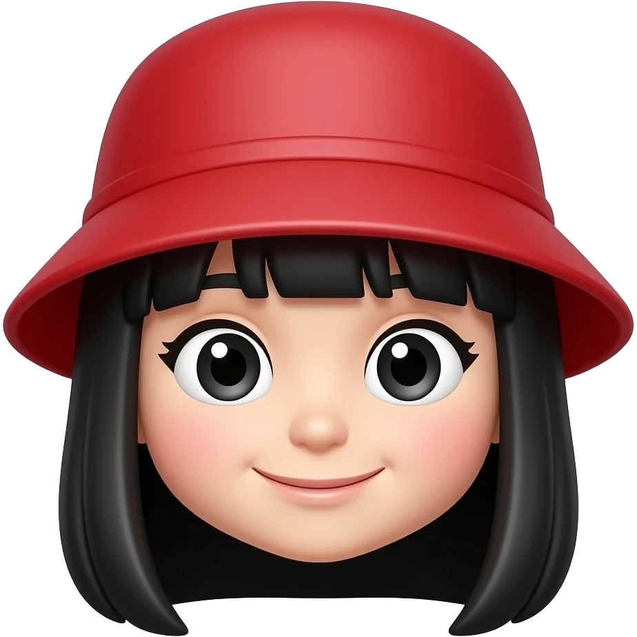 Cute chibi girl emoji, long black hair, red bucket hat, different eye shape, sweet smile, glossy 3D cartoon, sticker style, transparent background. emoji
