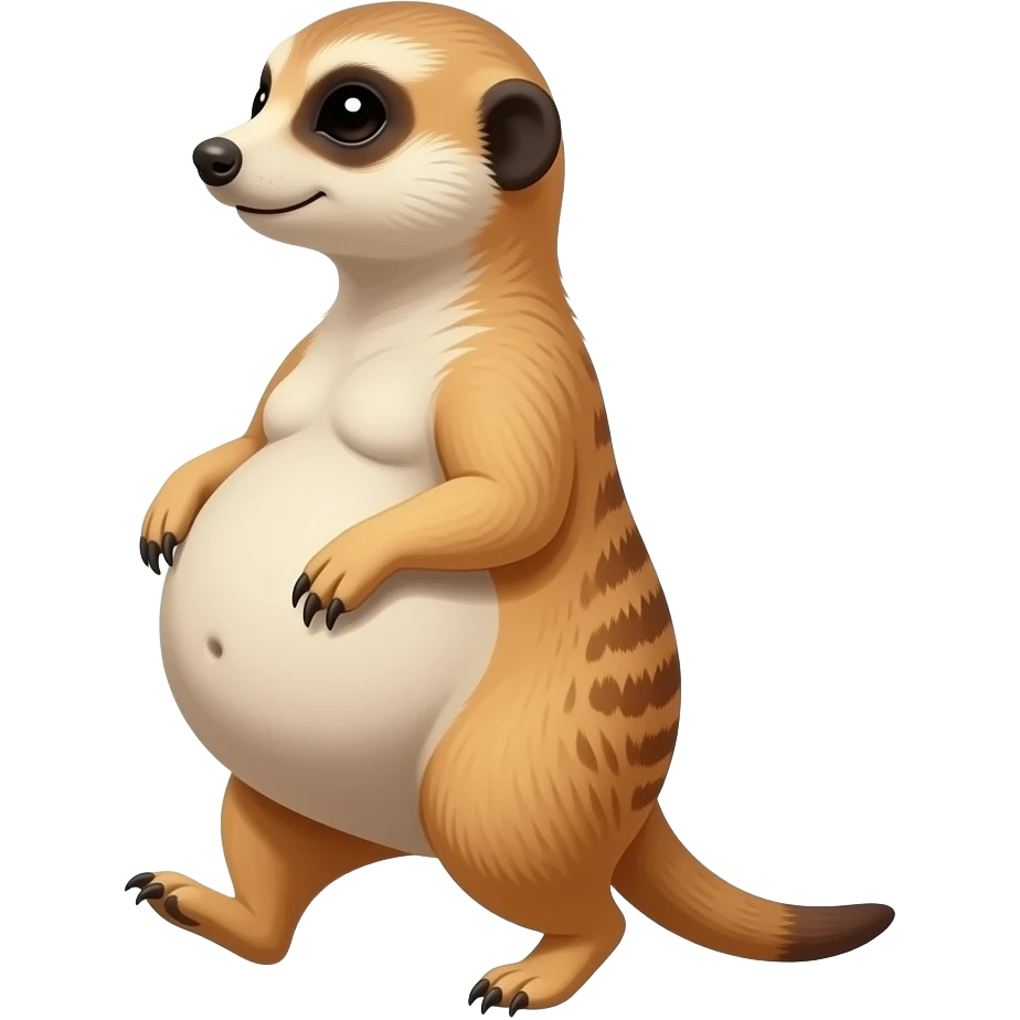 A female Meerkat now wants to give a try to walk,but with her full belly so big she has to hold it up off the ground,it is a guessing game if she is gonna all the way home ,but she knows she is just fat,her bellybutton makes agreement with clues. emoji