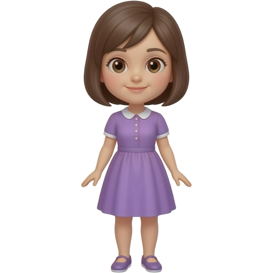 a girl with short brown hair with brown eyes loves dogs purple dress whole body emoji