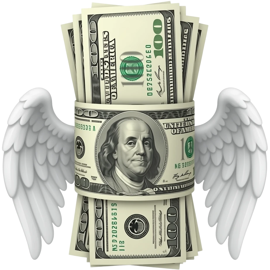 crea un emoji de pacas de billetes de 100$, que sea un emoji como los de iphone, y que tenga dos alas blancas emoji
