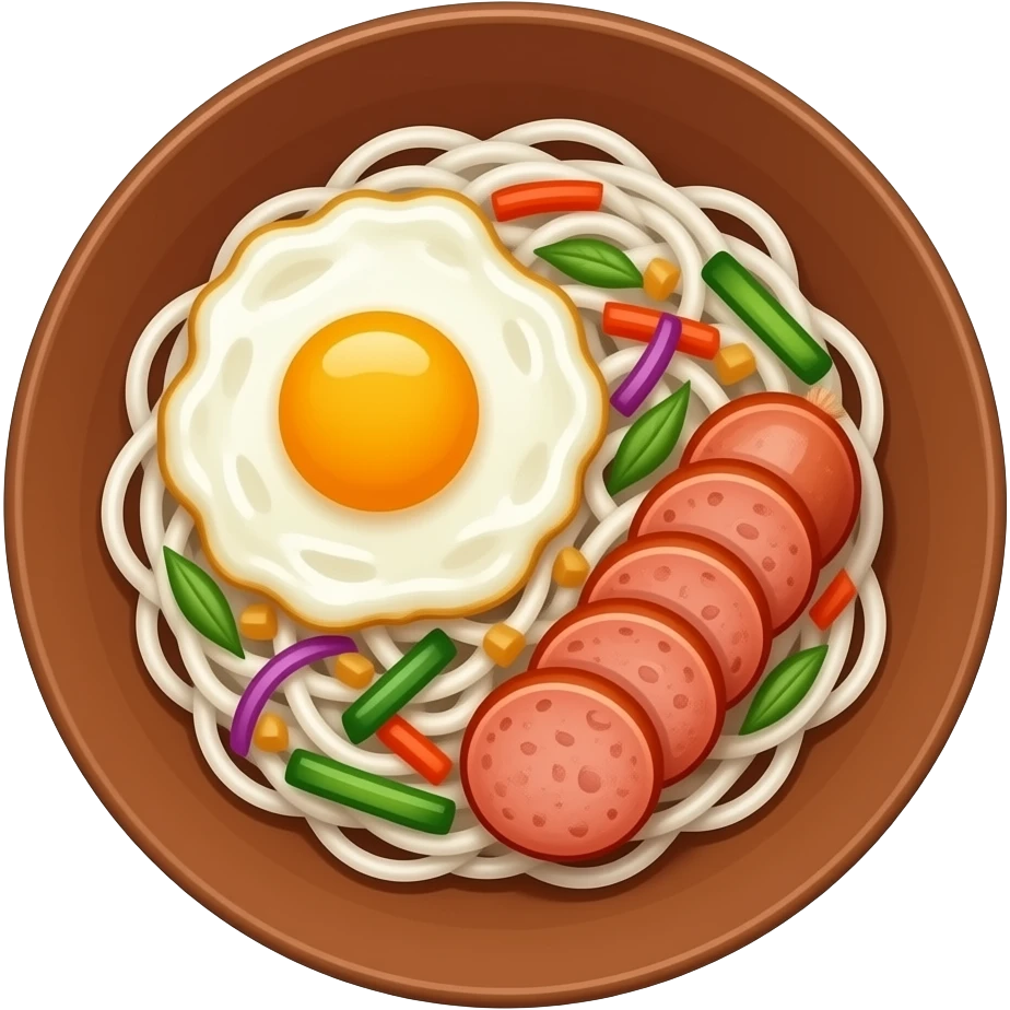 INDONESIAN FRIED THIN WHITE NOODLE ON A BROWN PLATE WITH SCRAMBLED EGG , FRIED ONIONS, SAUSAGE, AND VEGETABLES, emoji