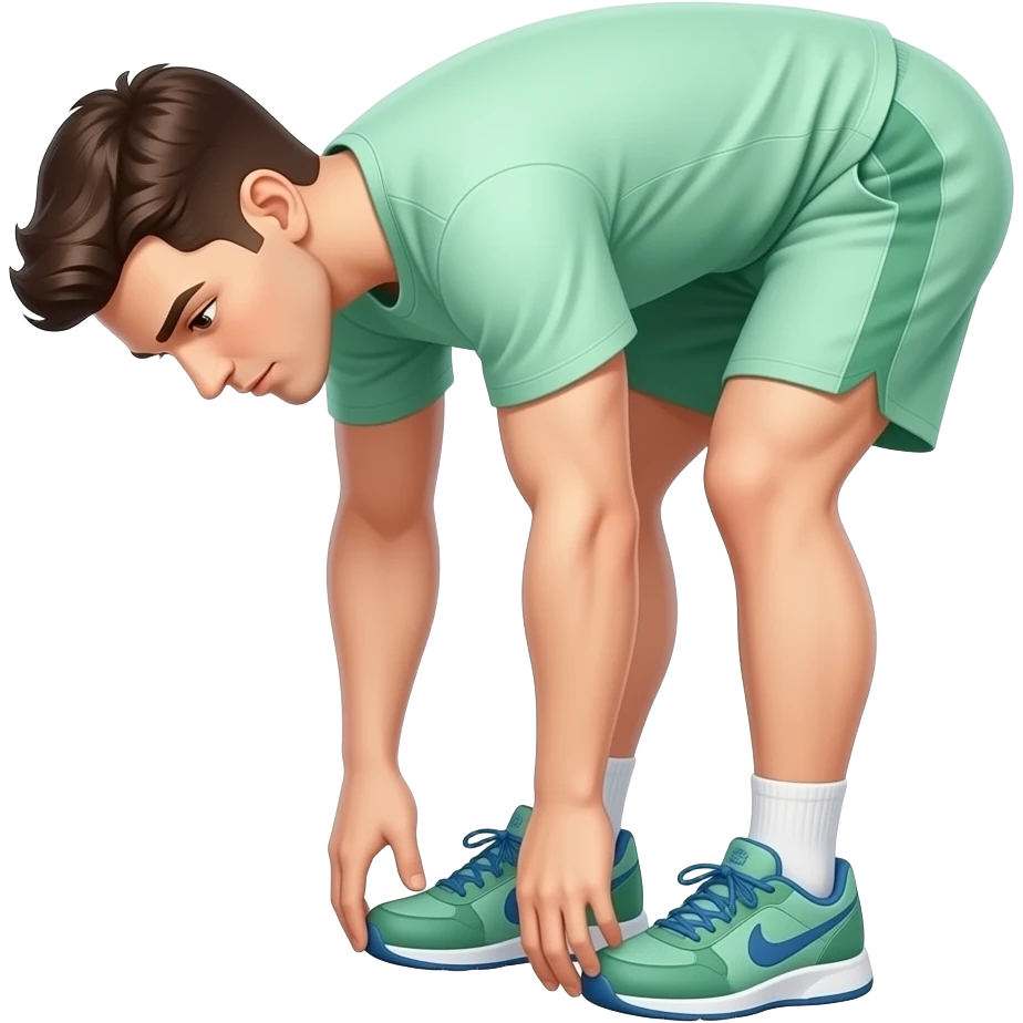 guy in  light green workout shirt and shorts standing up, bending down to touching toes (stretching down by touching both feet / toes feet together not split apart emoji
