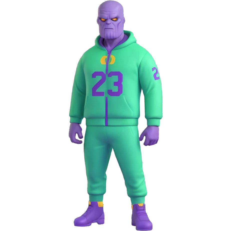 purple-skinned Thanos wearing a green Squid Game player tracksuit with number 230 emoji