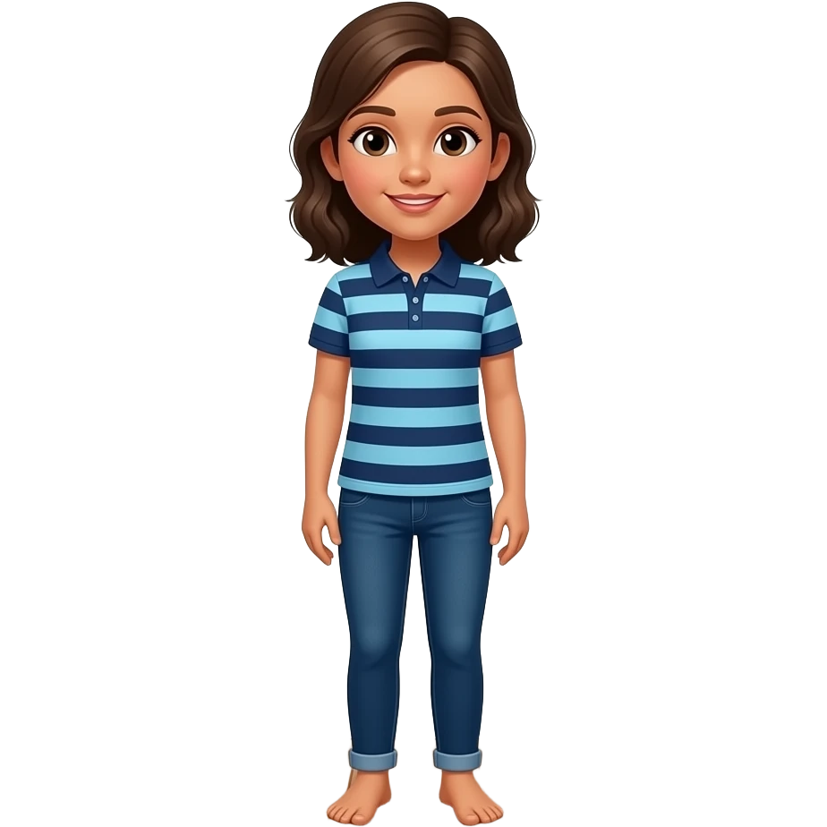 Hispanic girl with brown hair and dark blue and baby blue striped polo and dark blue jeans showing her feet emoji