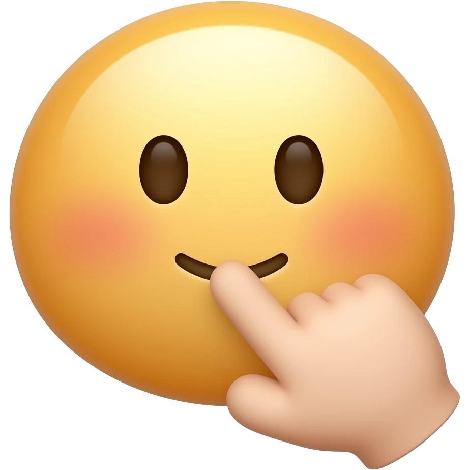 iOS-like 3D emoji icon, close-up cheek-poke gesture, one index finger gently touching the cheek, only part of the cute face visible, hand emphasized larger, soft glossy rounded texture, clean white background, minimal icon style. emoji