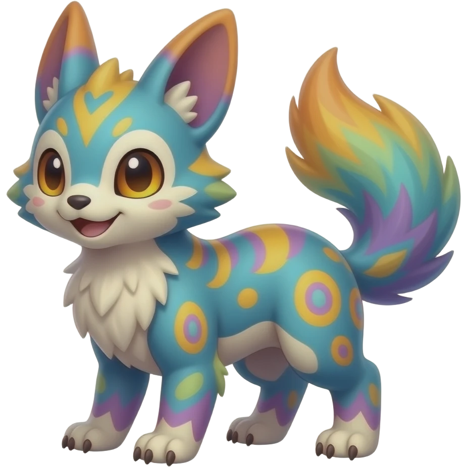 Exotic tropical happy Beautiful pretty cool edgy elegant realistic Feral Rare Fantasy colorful vibrant Vernid-Trico-species-Fakemon-creature by LiLaiRa, random markings, tufted tail, tufted ears, full body  SIMILAR emoji
