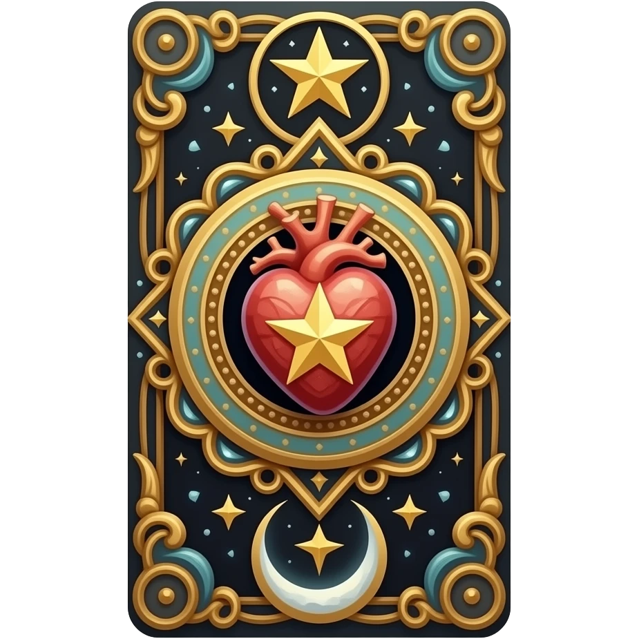 card in tarot style with the heart and the star and the moon, very ornamented and embellished emoji