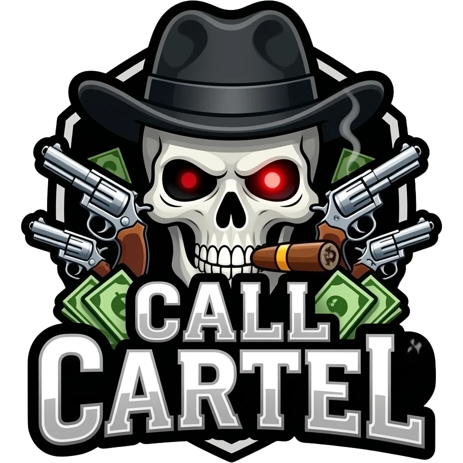 Dark cartel skull logo, red glowing eyes, cigar, guns, money, bold “CALL CARTEL” text, Discord emoji style, black background, thick outline, aggressive gaming logo. emoji