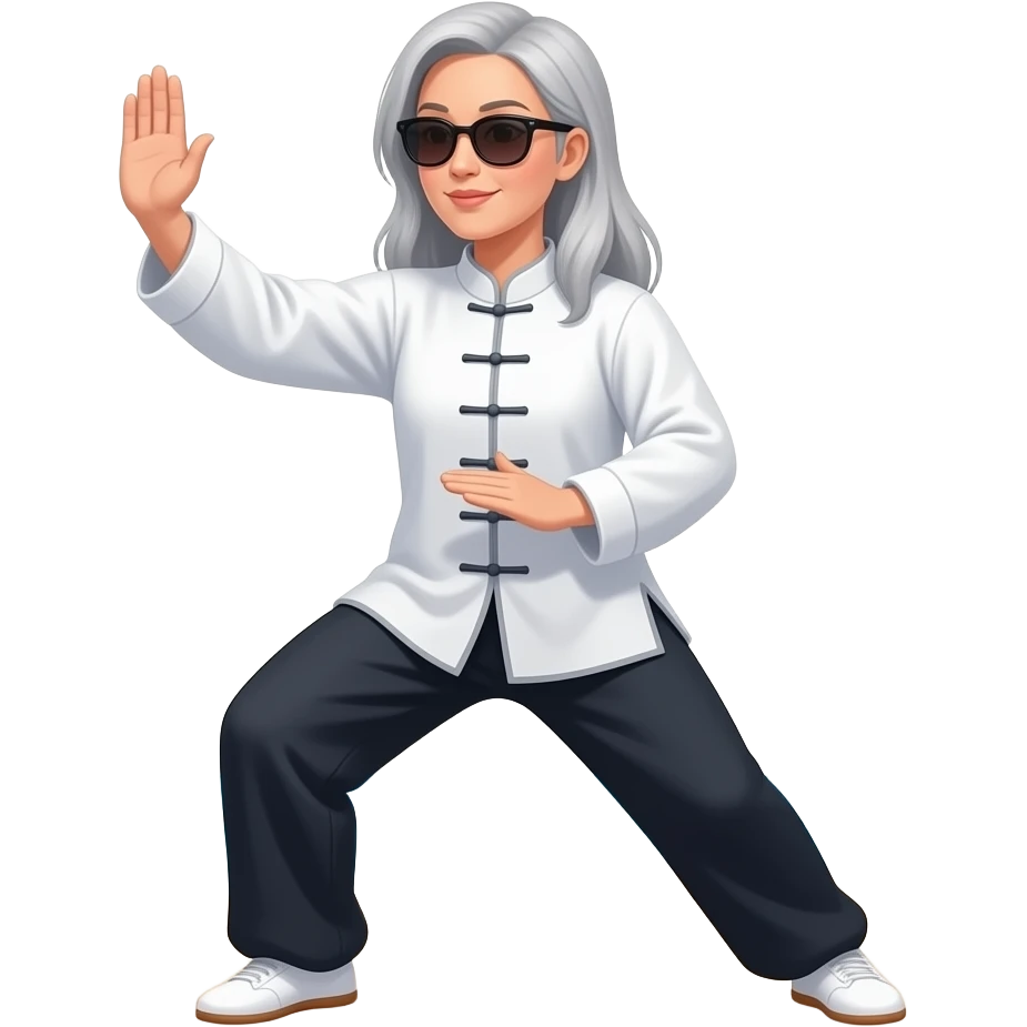Women Taichi singe glasses medium long light gray hair on beach emoji