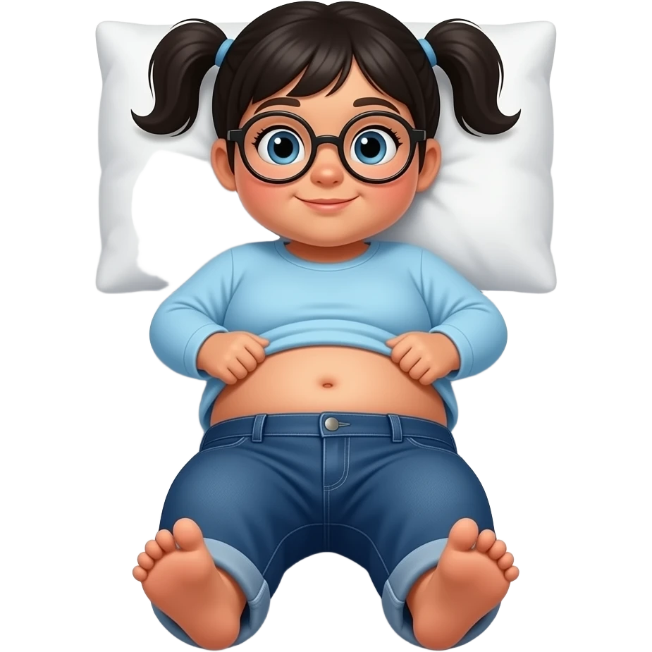 Obese Hispanic little girl with black pigtails and blue eyes rounded black glasses plain light blue long sleeve shirt and dark blue baggy jeans and belly button laying down on her pillow on her bed showing her feet lifting her shirt all the way up emoji