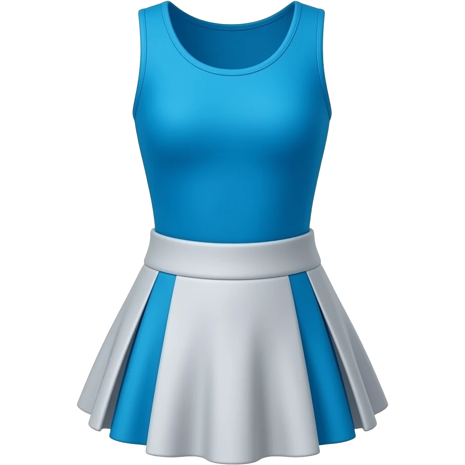 a bright, solid blue tank top that is sleeveless and fitted. Over this, she has a short, flared skirt with alternating panels of light grey and a slightly darker shade of blue, creating a layered, pleated effect. This skirt appears to be attached to a white waistband. Below the skirt, emoji