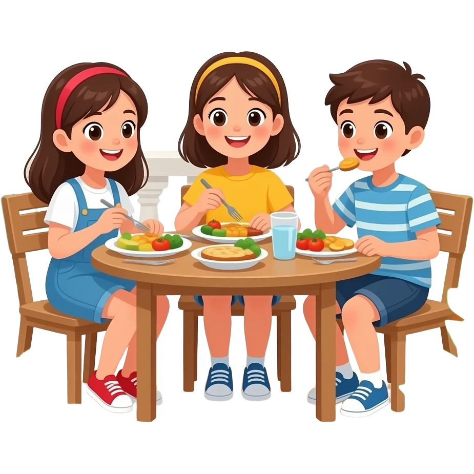 lunchtime with 3 girls and 2 boy on balcony in nature emoji