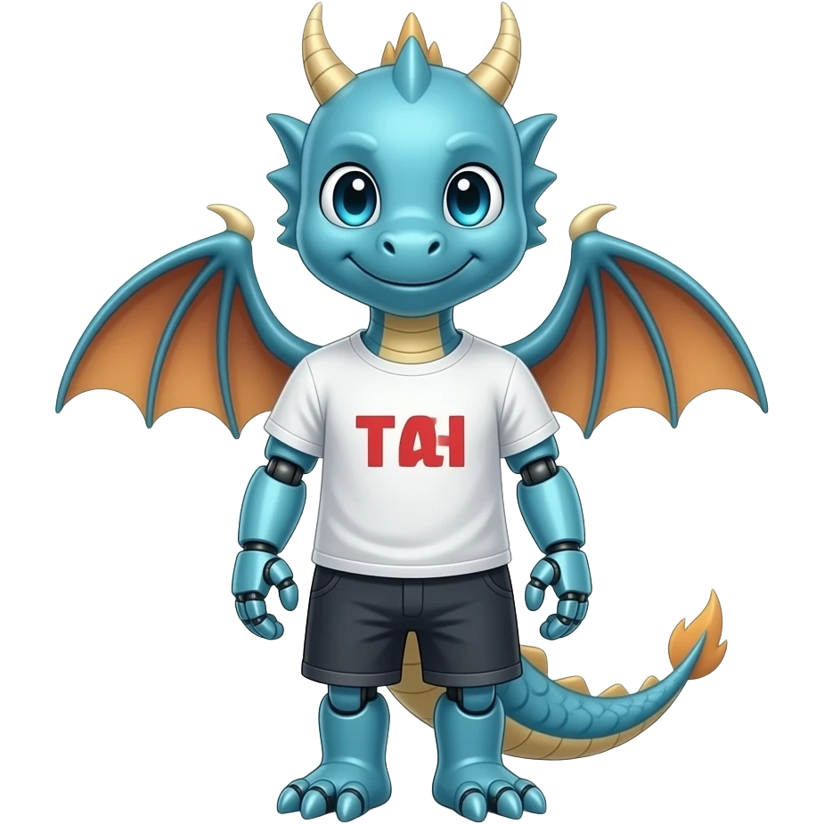 A humanoid robot dragon wearing a tee shirt and shorts emoji