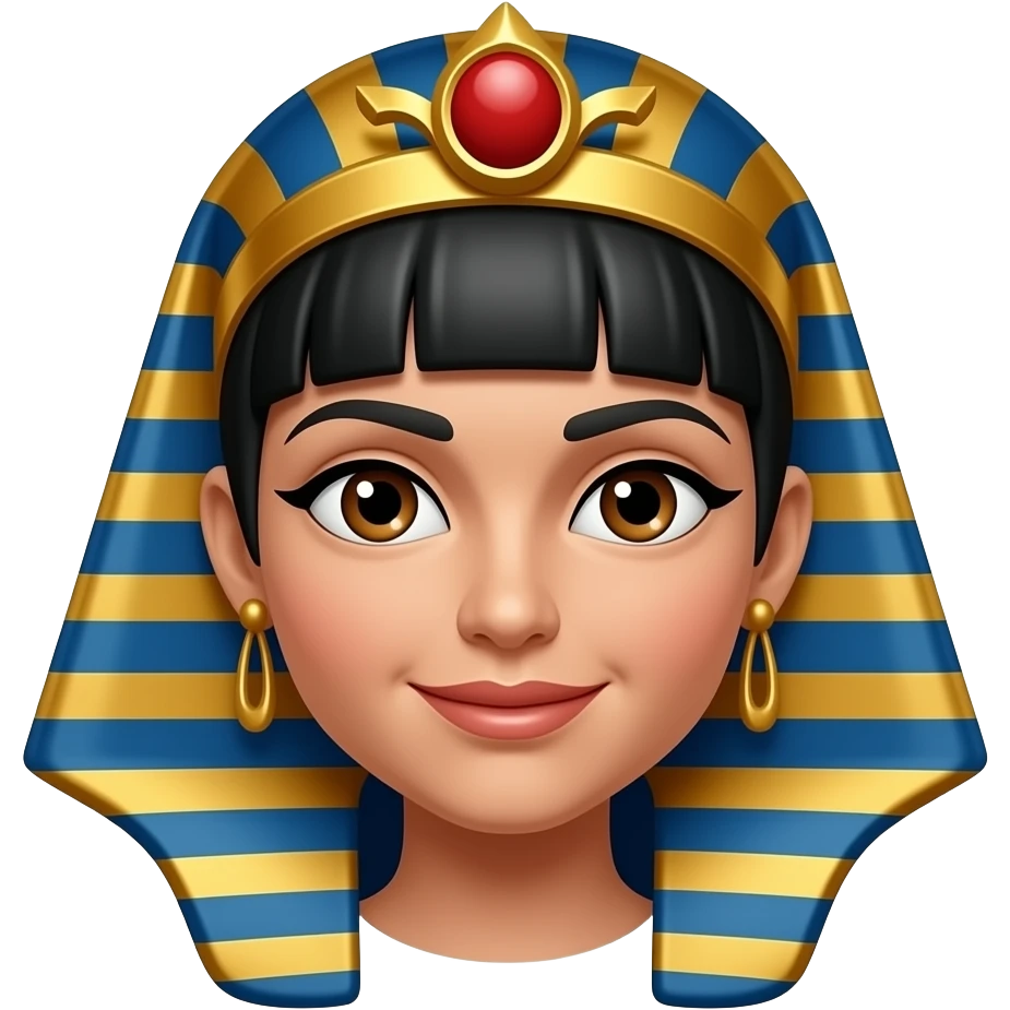 Cleopatra with black ancient egyptian hair and golden crown.  Brown eyes emoji