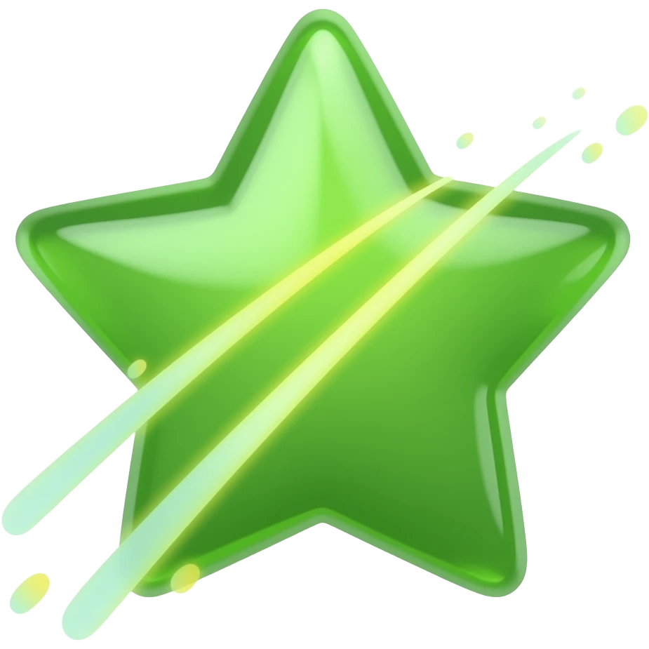 iOS emoji style, glossy 3D icon of a green shooting star with rounded edges, smooth soft plastic material, subtle reflections, minimalist design, comet-like trailing tail made of soft glowing particles, clean centered composition, high detail, transparent background, playful but elegant look emoji