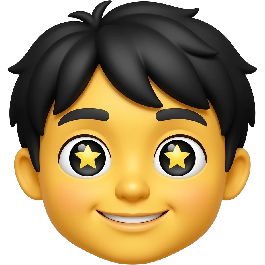 🤩 yellow emoji face styled like the classic star-eyes emoji, Korean boy features, black fluffy wavy bangs, small mole under right eye, high nose, soft lips, playful smile emoji