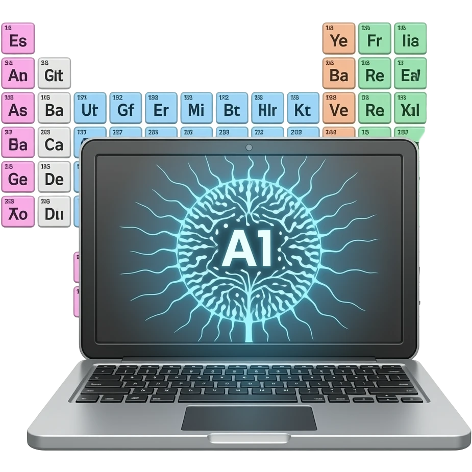 elementos cientificos com computador e IA emoji
