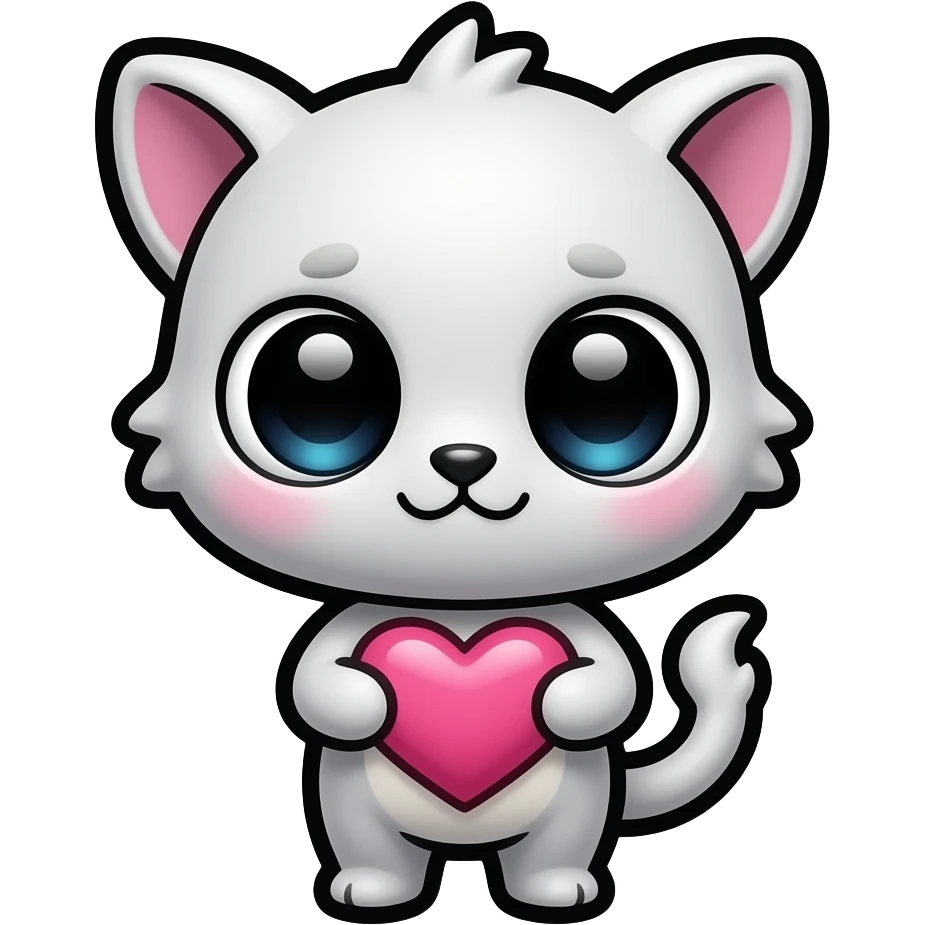 adorable twitch emote, tiny cute creature holding a pink heart, huge glossy eyes, kawaii gamer aesthetic, thick black outline, transparent background, ultra readable at small size, BTTV style, cute cursed energy emoji