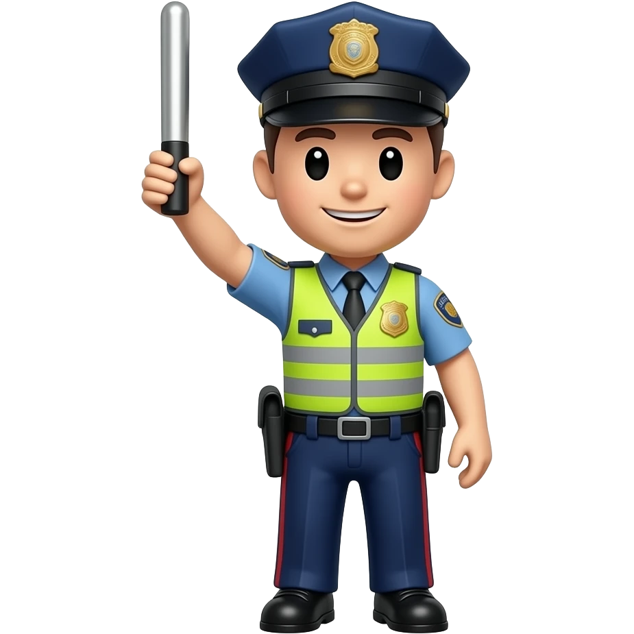 3D emoji style traffic cop showing stop signal, one arm straight up  overhead with baton held vertically, bright yellow reflective vest over  blue police uniform, cap with badge, pants with red stripe, standing  at attention, glossy 3D render, friendly face, white background emoji