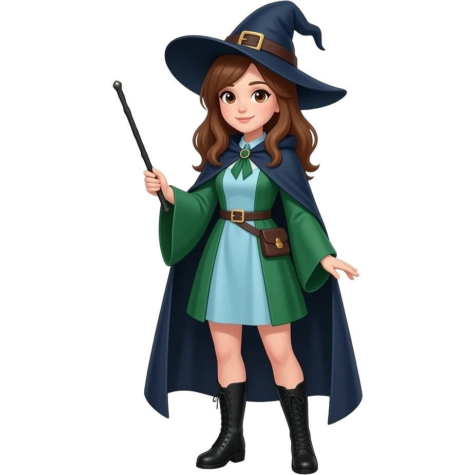 A full body White/Fair skinned woman with brown hair and brown eyes and wearing a light Blue and forest green Witch outfit with black ankle boots and holding a pure black wand. emoji