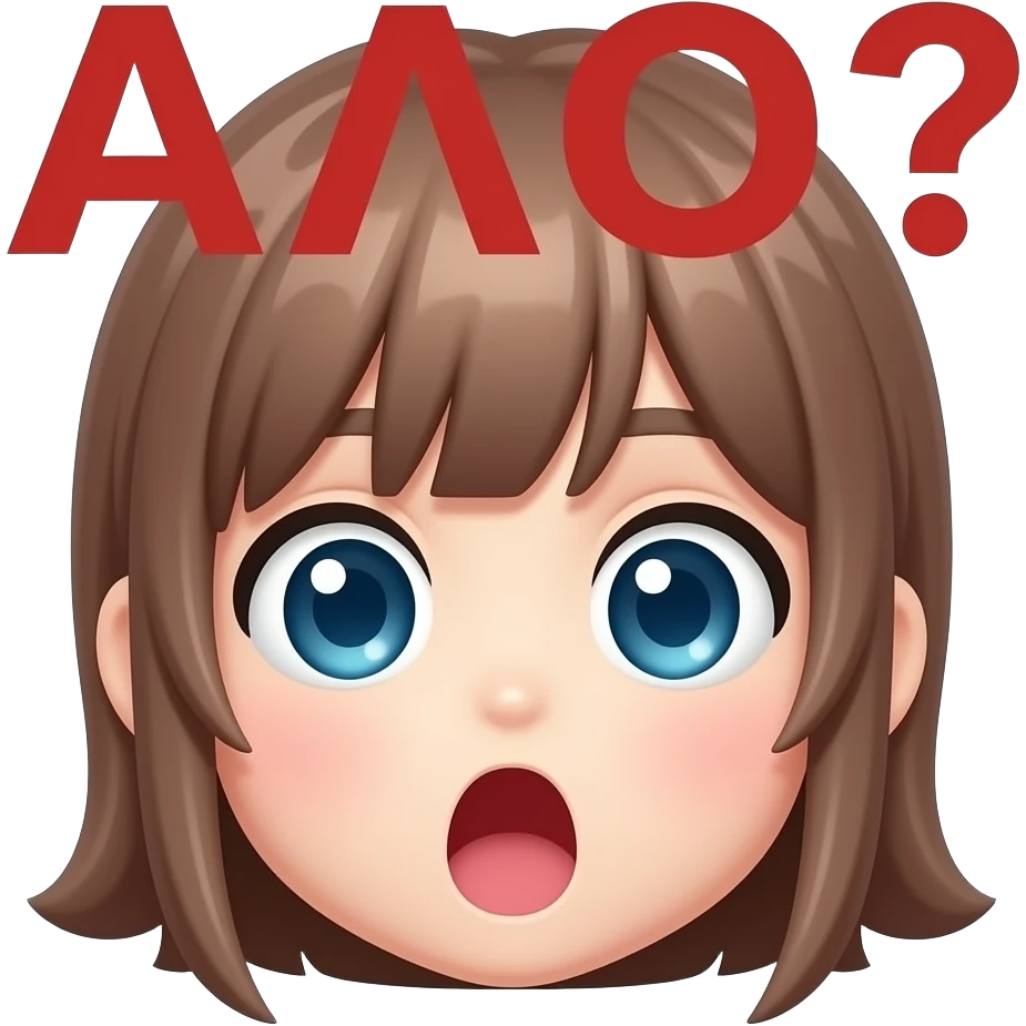 cute twitch emote, pastel pink style, huge expressive eyes, shocked anime face, bold bulgarian text “АЛО?”, glossy highlights, kawaii gamer aesthetic, thick outline, transparent background, ultra readable at small size emoji